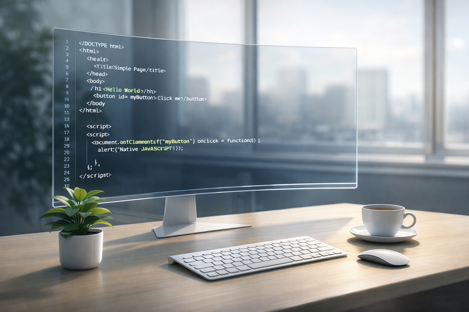 Ein minimalistischer Arbeitsplatz mit einem Monitor, der sauberen, rohen Code ohne komplexe Build-Tools anzeigt.