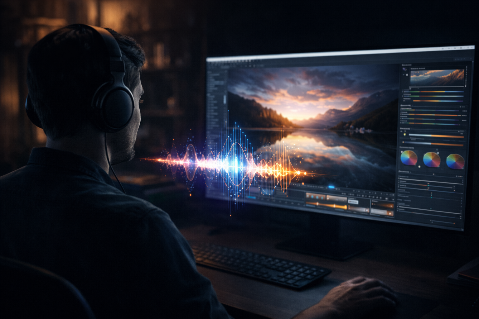 Voice Control & Firefly: Der KI-Assistent als Bildbearbeiter Ein Kreativ-Profi bearbeitet ein Bild in Photoshop völlig freihändig, nur durch den Einsatz von Sprachbefehlen an den KI-Assistenten.