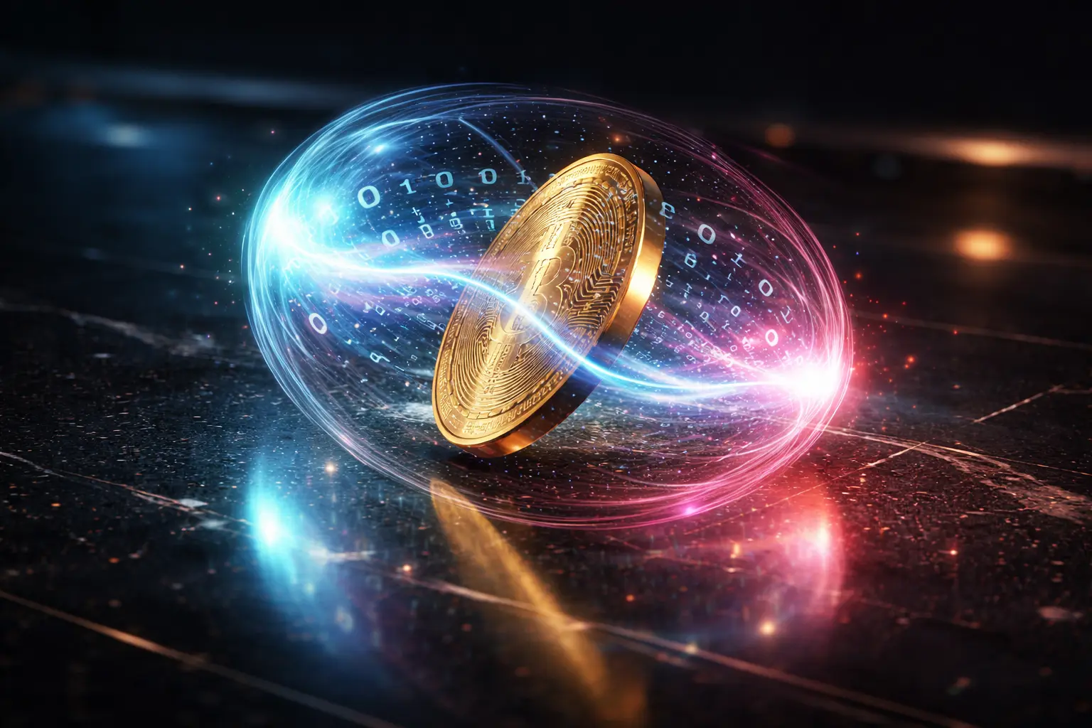 Eine stilisierte, leuchtende Münze, die auf einer dunklen Oberfläche rotiert. Durch die Bewegungsunschärfe sind die Symbole für "0" und "1" gleichzeitig als schimmerndes Hologramm sichtbar.
