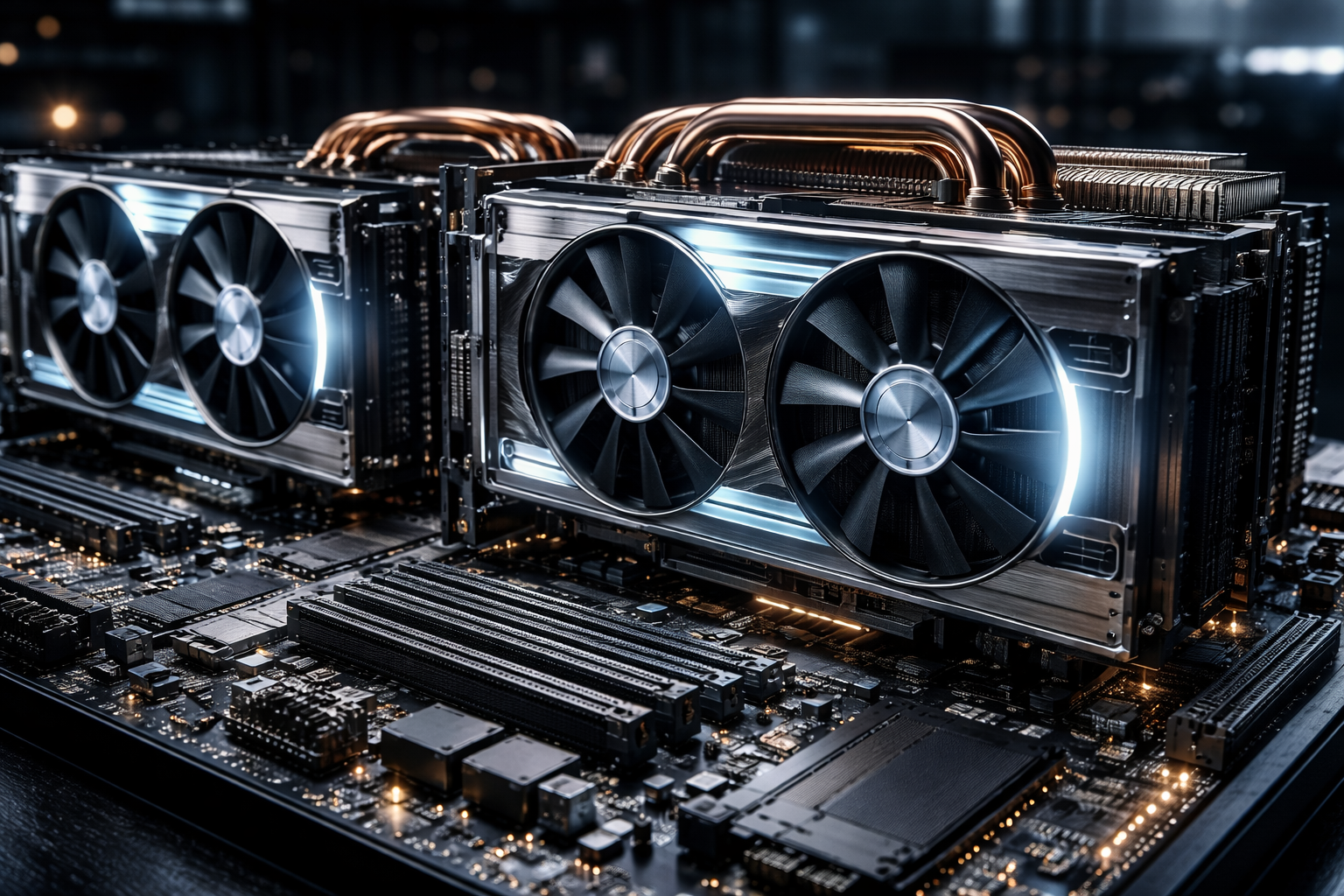 Nahaufnahme von zwei massiven RTX 5090 Grafikkarten, die dicht nebeneinander auf einem professionellen Workstation-Mainboard installiert sind.