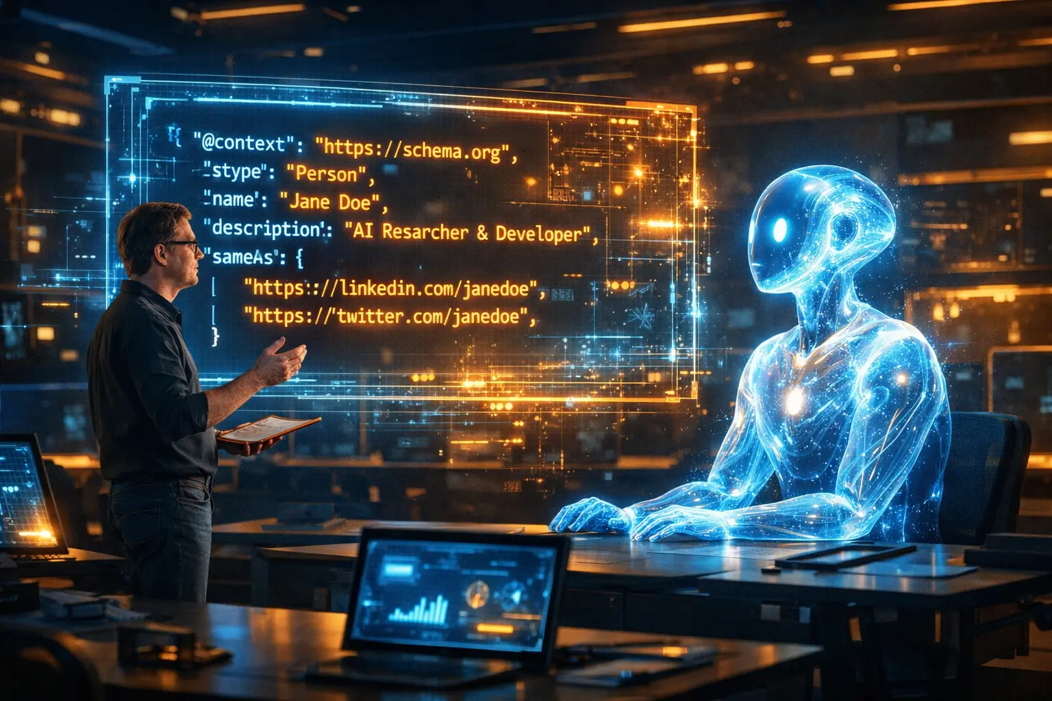 Ein menschlicher Entwickler erklärt einer Künstlichen Intelligenz holografische JSON-LD Code-Strukturen, was das Konzept von Schema Markup symbolisiert.