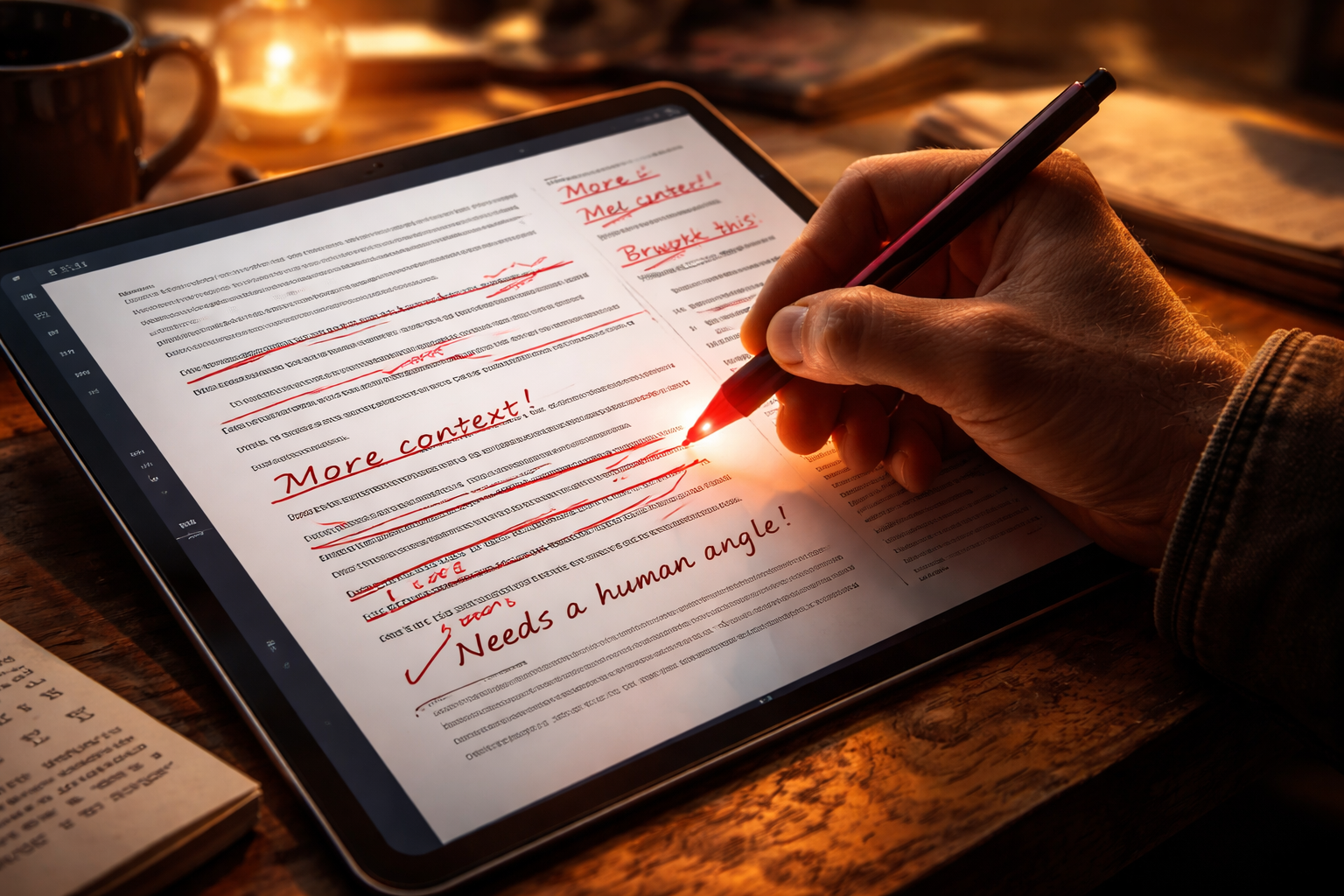 Ein Journalist redigiert mit einem digitalen roten Stift einen KI-Entwurf und fügt menschliche Emotionen und handschriftliche Notizen hinzu.