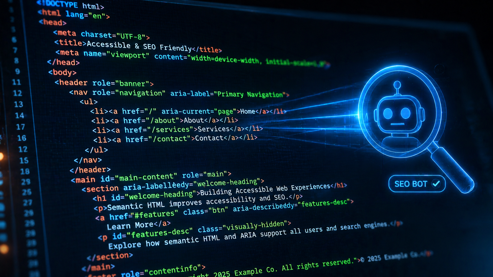 Sauber strukturiertes semantisches HTML mit ARIA-Labels wird von einem digitalen Bot gescannt, was die Verbindung von Code-Qualität und SEO zeigt.