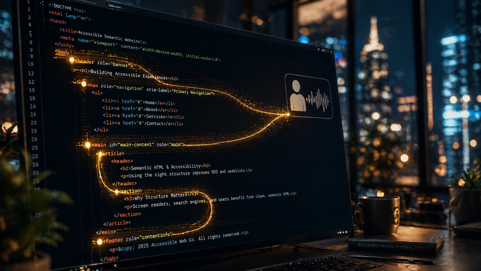 Ein Bildschirm zeigt sauber strukturiertes, semantisches HTML-Code, durch das sich ein leuchtender Faden zieht – ein Symbol für perfekte Crawlbarkeit und Barrierefreiheit.