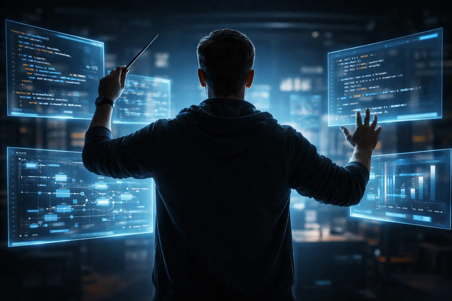 Ein Softwareentwickler in Rückenansicht dirigiert als dunkle Silhouette leuchtende, holografische Code-Ströme, was die neue, lenkende Rolle in der KI-Ära symbolisiert.