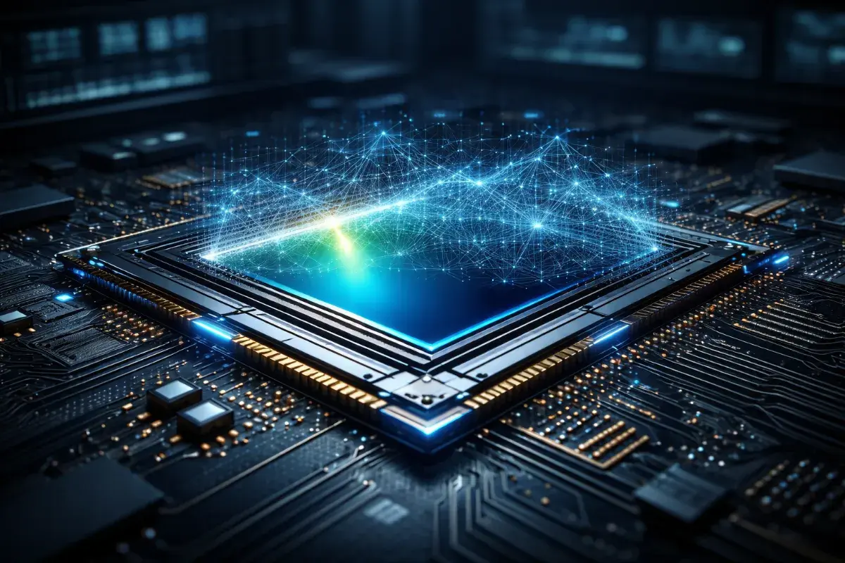 Ein leuchtender Hightech-Kamerasensor verarbeitet physisches Licht in digitale Datenpunkte.