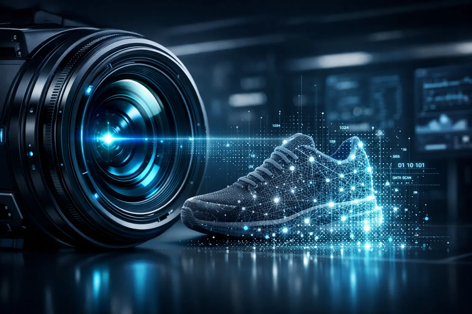 Ein leuchtender Hightech-Sensor, der seine Umgebung scannt und in digitale Datenpunkte umwandelt, als Symbol für Sensing & Computing.