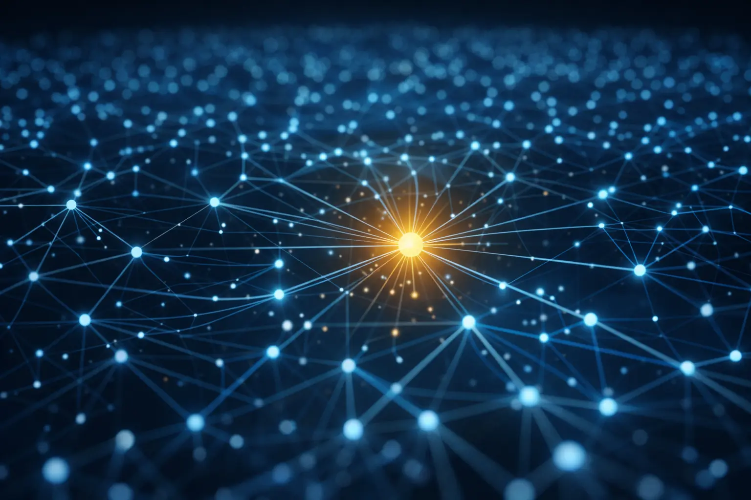 Abstraktes Netzwerk aus Datenpunkten, wobei ein goldener Knotenpunkt für hohe Sichtbarkeit und Autorität in der KI-Suche steht.