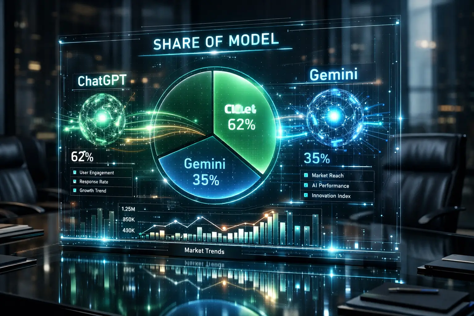 Ein holografisches Dashboard zeigt die neue Marketing-Metrik 'Share of Model' und visualisiert die Sichtbarkeit einer Marke in KI-Modellen.
