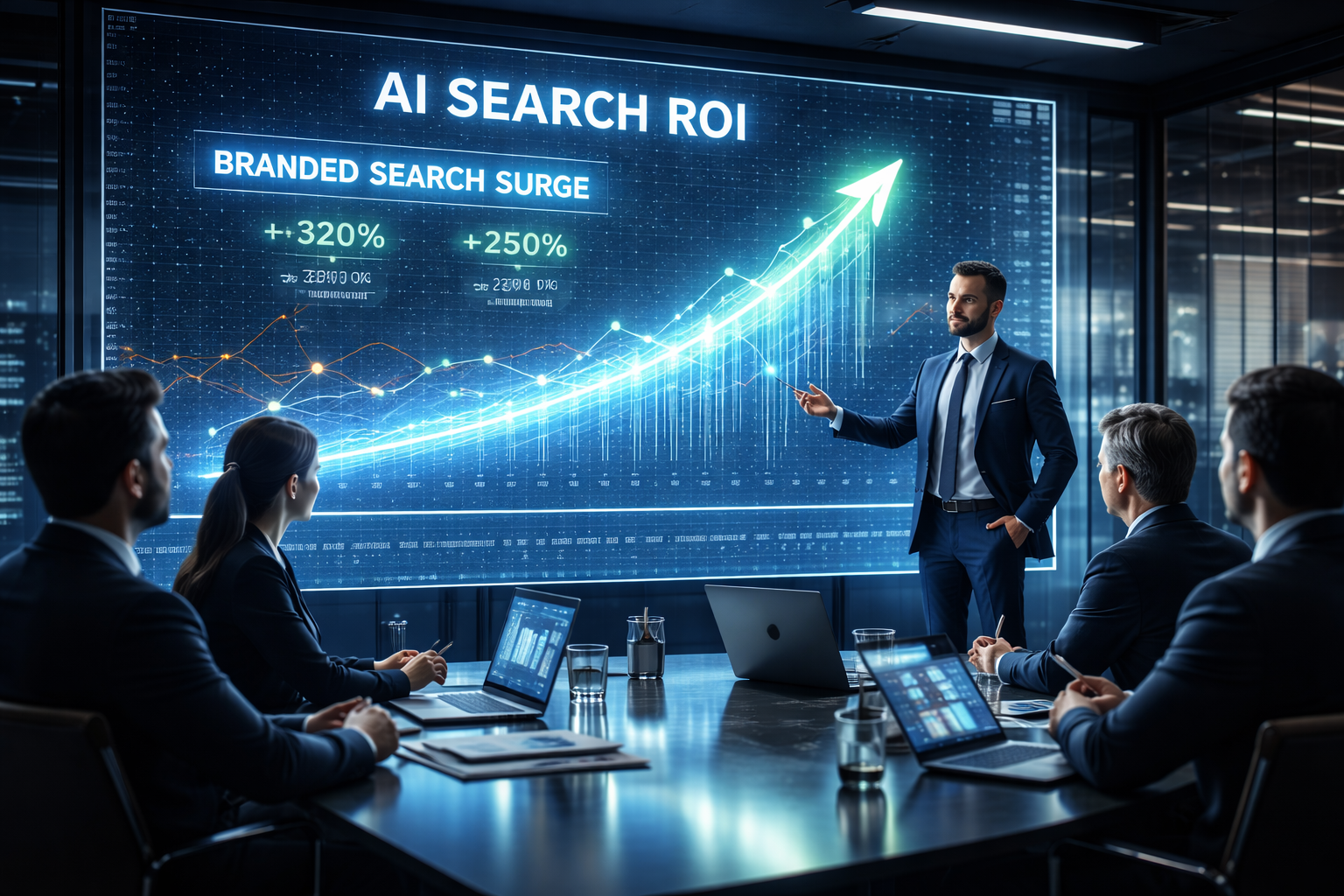 Ein Marketing Director präsentiert dem Vorstand den ROI und die Verkaufszahlen, die durch eine hohe Sichtbarkeit in KI-Modellen generiert wurden.