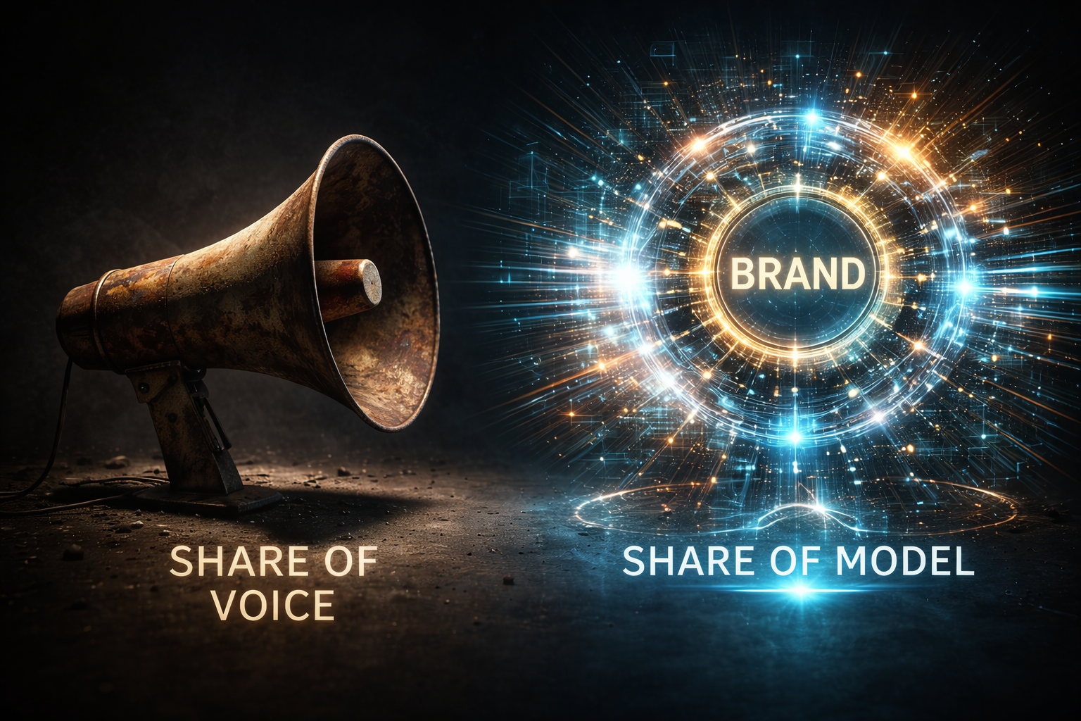 Ein visuelles Konzept, das den Übergang vom veralteten Share of Voice hin zum modernen Share of Model in neuronalen Netzwerken zeigt.