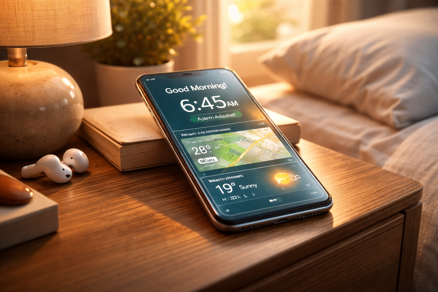 Ein Smartphone zeigt eine dynamische Morgenroutine, die Weckzeiten anhand von Echtzeit-Verkehrsdaten in der Smart City anpasst.
