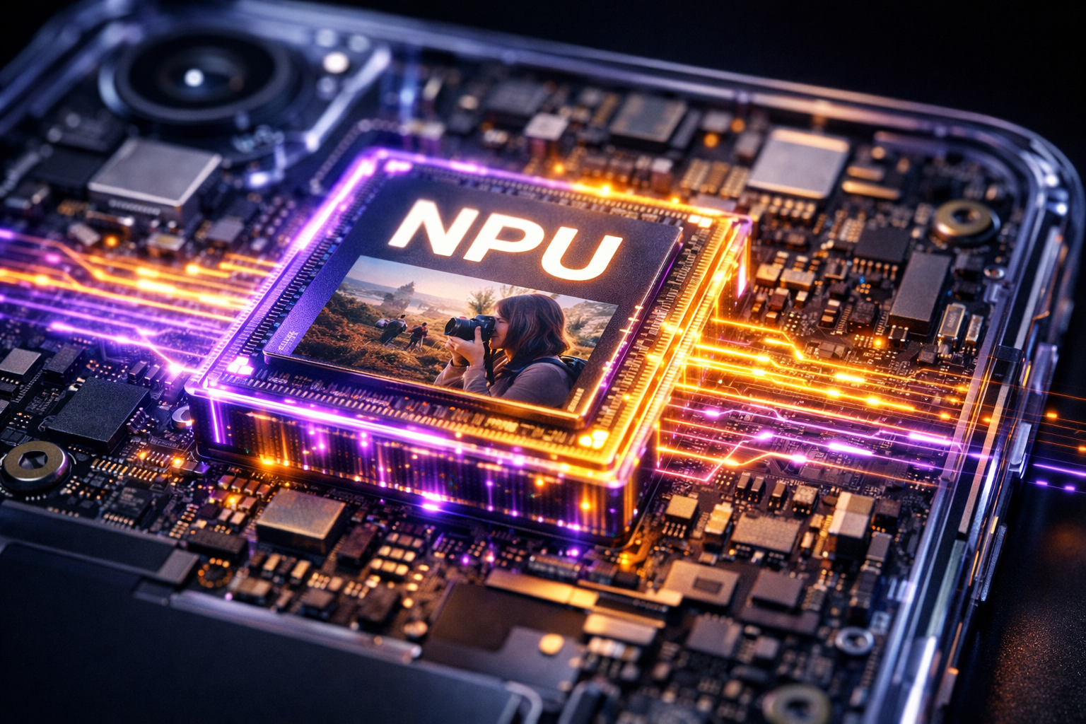 On-Device KI: Das Rechenzentrum in der Hosentasche Ein leistungsstarker NPU-Microchip in einem Smartphone verarbeitet Bilddaten in Echtzeit lokal auf dem Gerät.