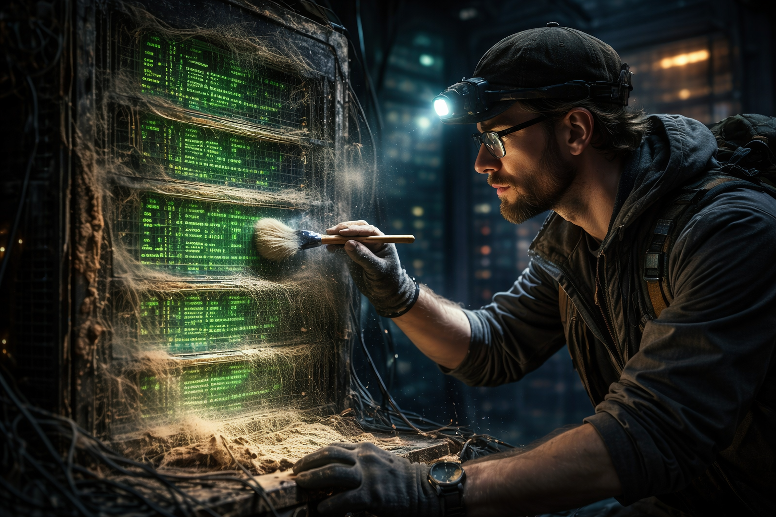 Ein Softwareentwickler wischt als Archäologe Staub von alten Servern, was die Analyse alter Code-Basen symbolisiert.