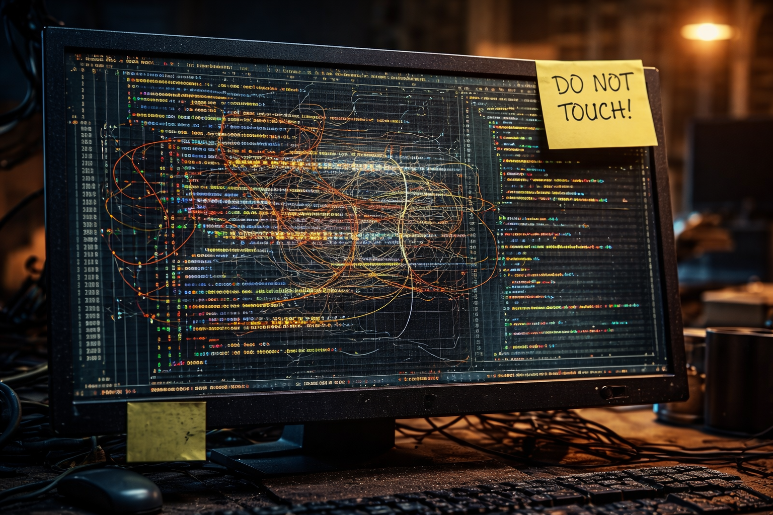 Ein staubiger Monitor mit wirrem Code und einem Warn-Post-it "DO NOT TOUCH!", der die Angst vor Legacy Code symbolisiert.