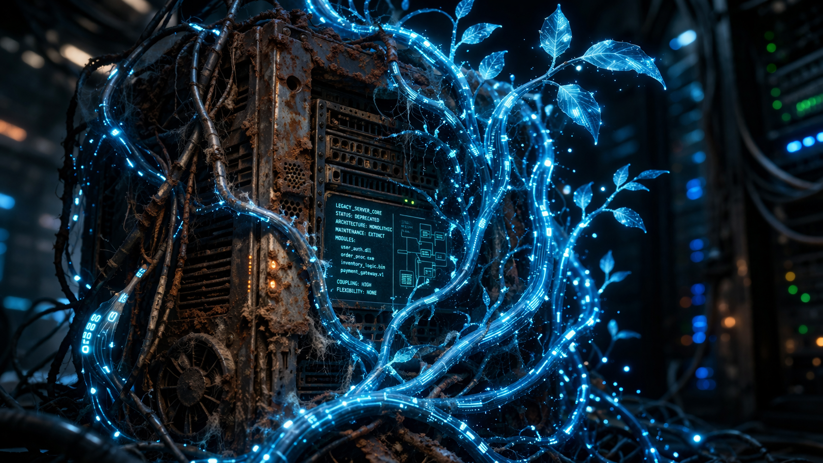 Eine leuchtende digitale Ranke umschließt einen alten, rostigen Server – eine visuelle Metapher für das Strangler Fig Pattern beim Software-Refactoring.