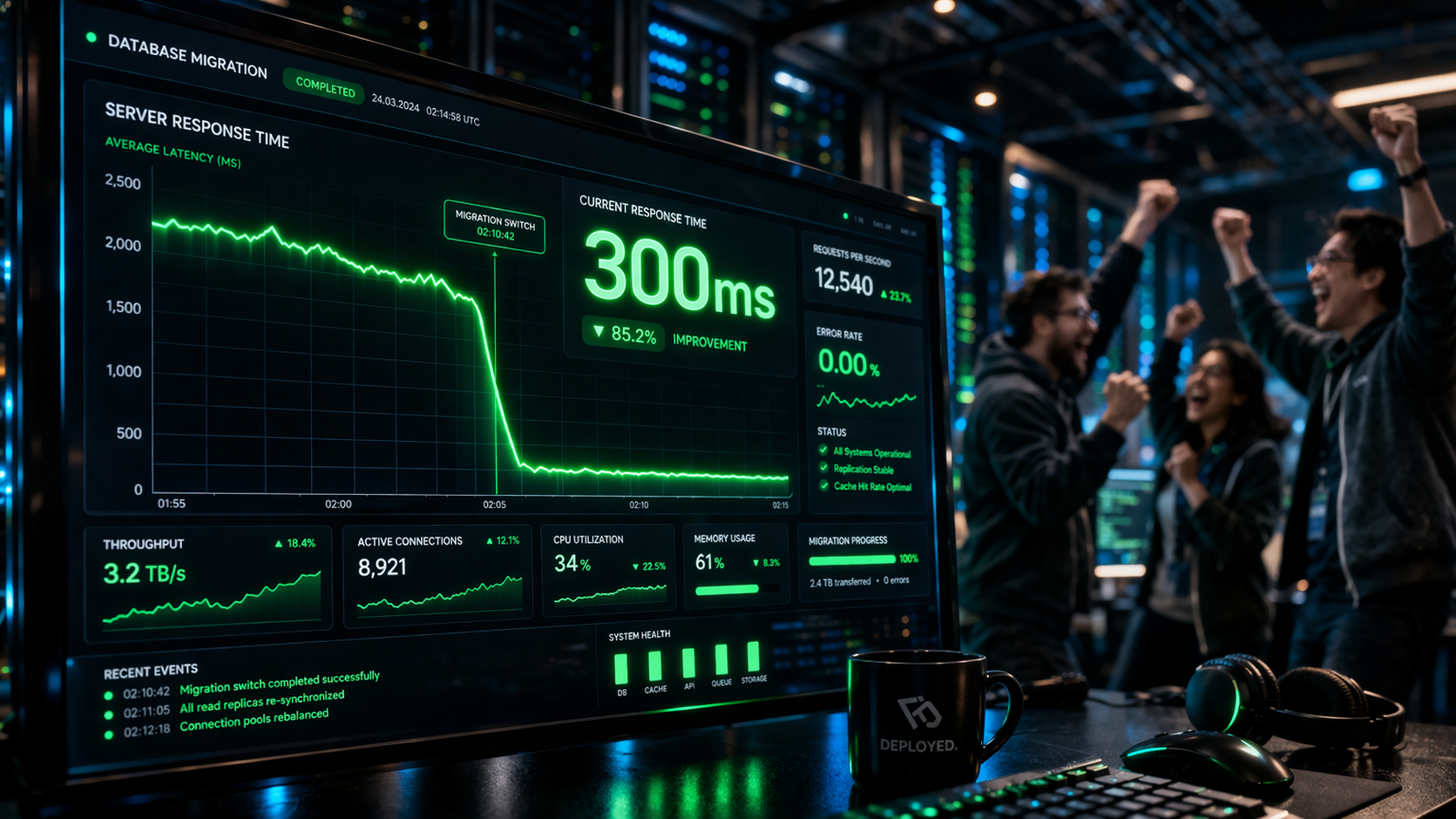 Ein leuchtendes Dashboard zeigt einen drastischen Abfall der Ladezeiten auf 300 Millisekunden, als Symbol für das erfolgreiche Refactoring.