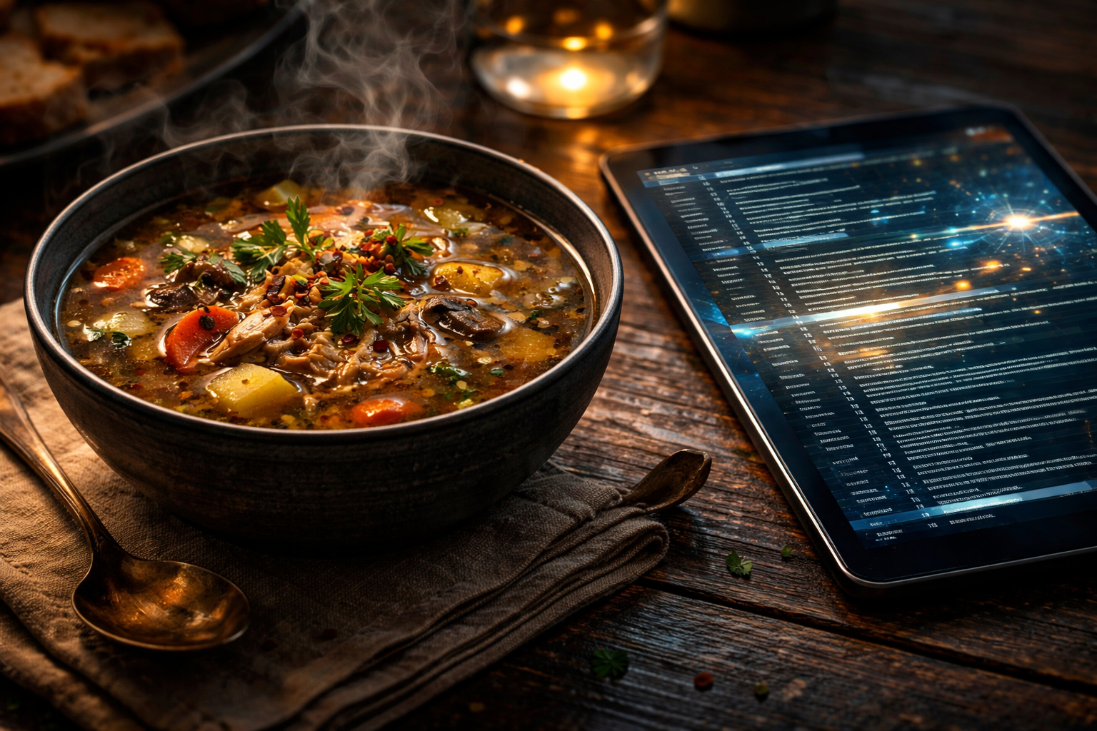 Eine dampfende Schüssel Suppe neben einem leuchtenden Tablet – eine Metapher für nahrhaften, aber freudlosen KI-Content ohne menschliche Würze.