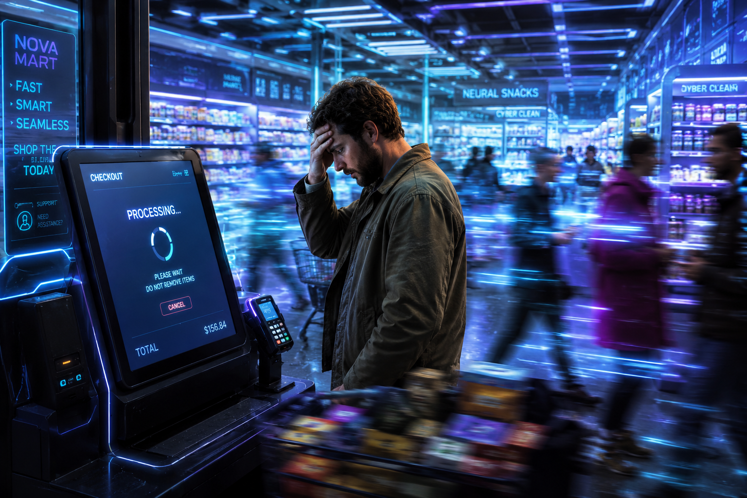 Die schmerzhafte Erfahrung von Latenz im Alltag Ein frustrierter Kunde an einer eingefrorenen Supermarktkasse als Metapher für Web-Latenz.
