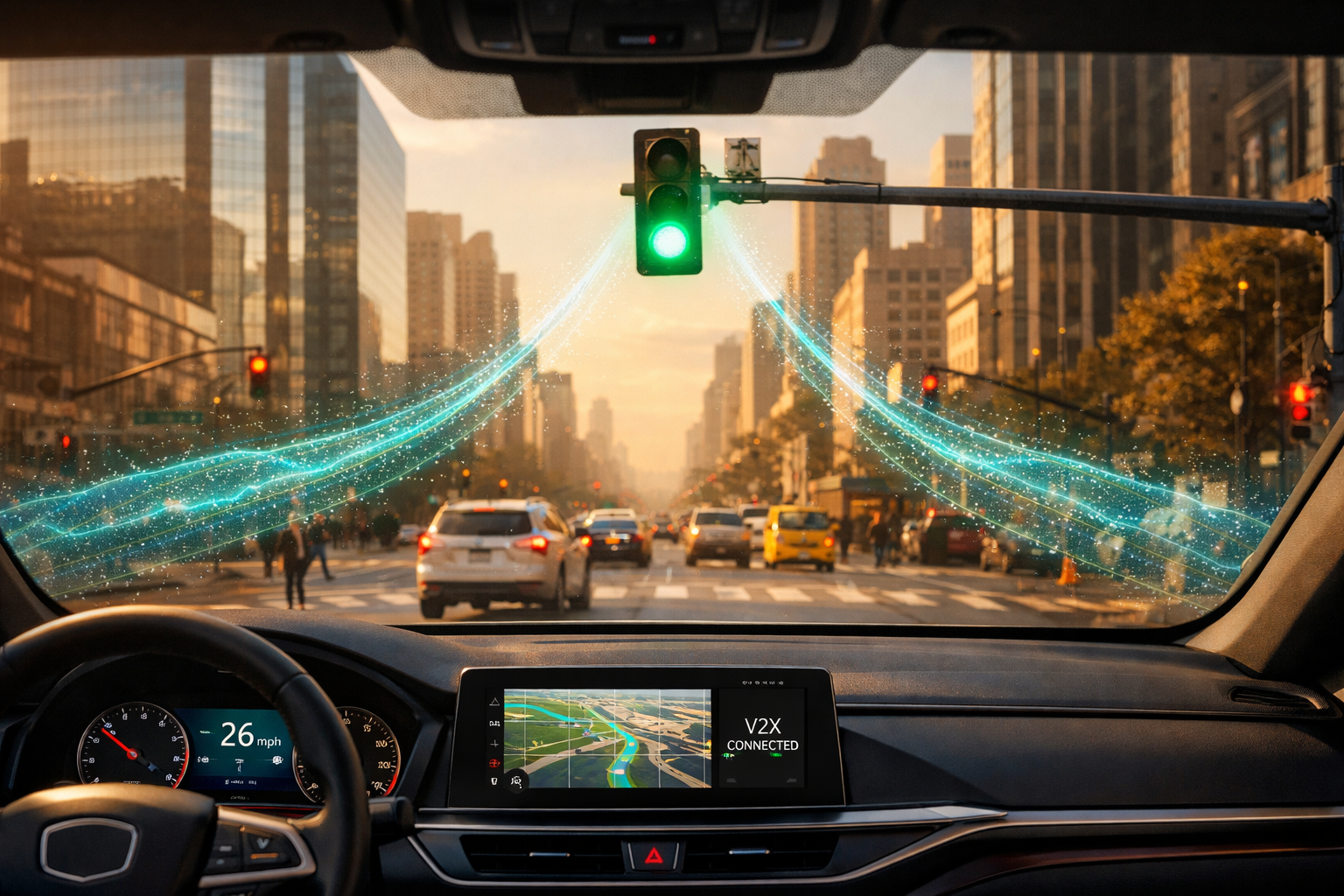 Ein Blick aus dem Auto auf eine grüne Ampel, verbunden durch leuchtende Datenströme, die die V2X-Kommunikation im Straßenverkehr visualisieren.