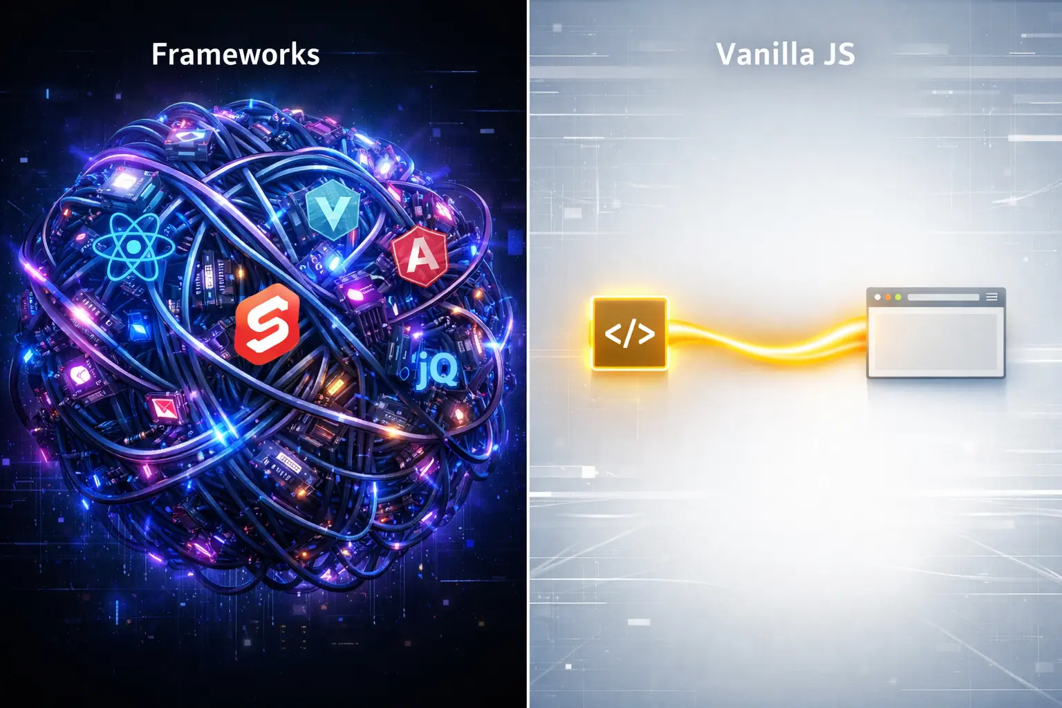 Visualisierung des Kontrasts: Links ein chaotischer Knoten aus Framework-Abhängigkeiten, rechts ein eleganter, einzelner Lichtstrahl für Vanilla JavaScript.