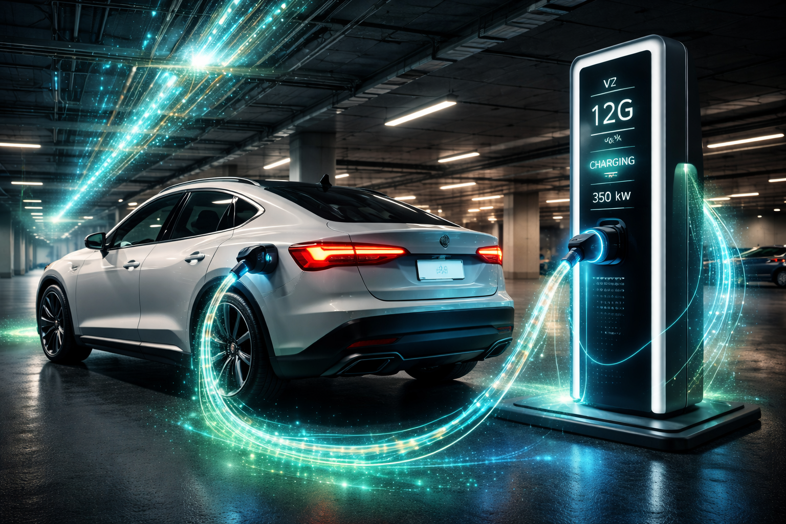 Ein Elektroauto in einer Tiefgarage, das über leuchtende Energieströme bidirektional mit dem Stromnetz der Stadt verbunden ist (V2G).