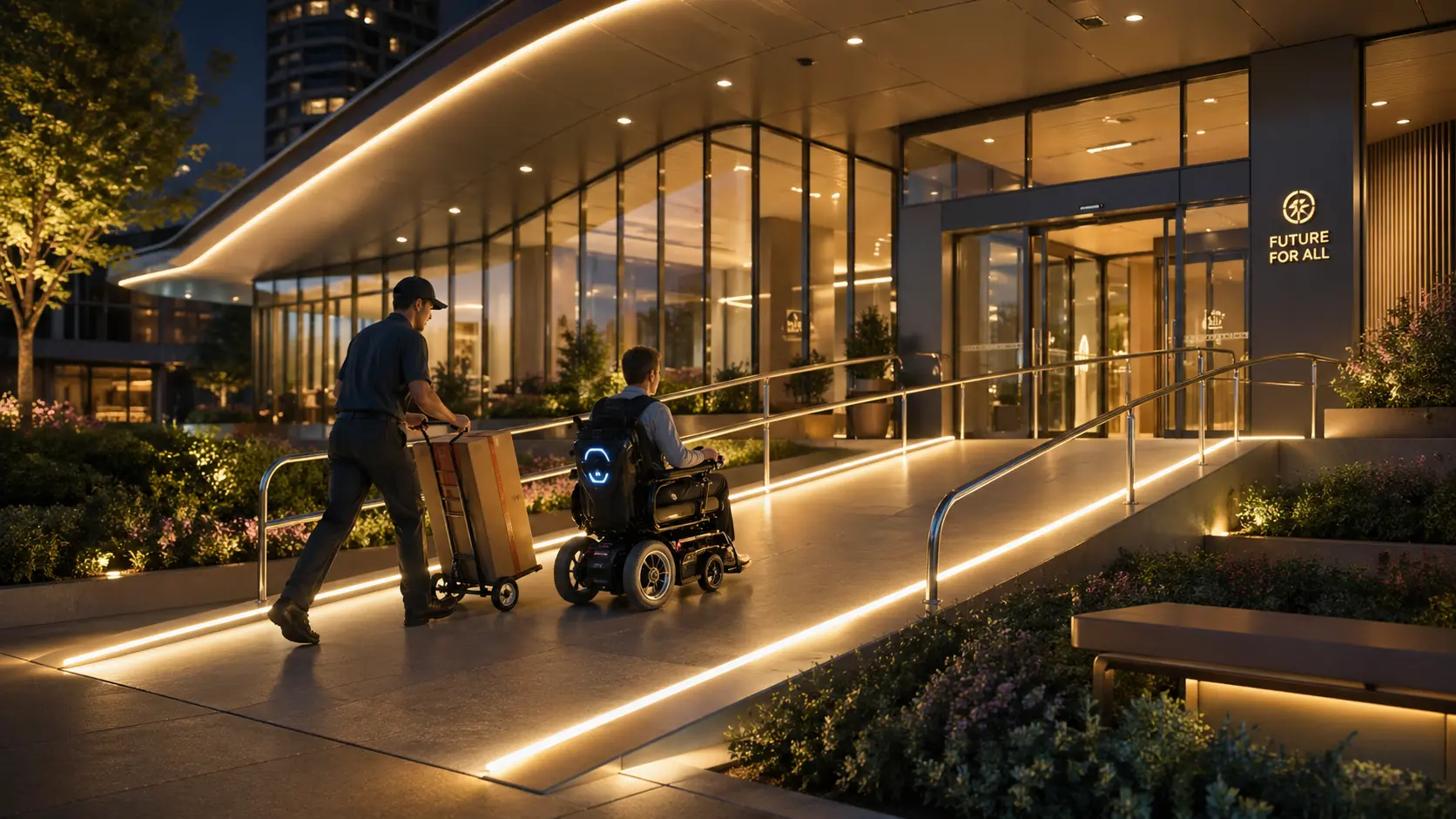Eine architektonisch integrierte Rampe wird von einem Rollstuhlfahrer und einem Lieferanten genutzt, was die universellen Vorteile von Barrierefreiheit symbolisiert.