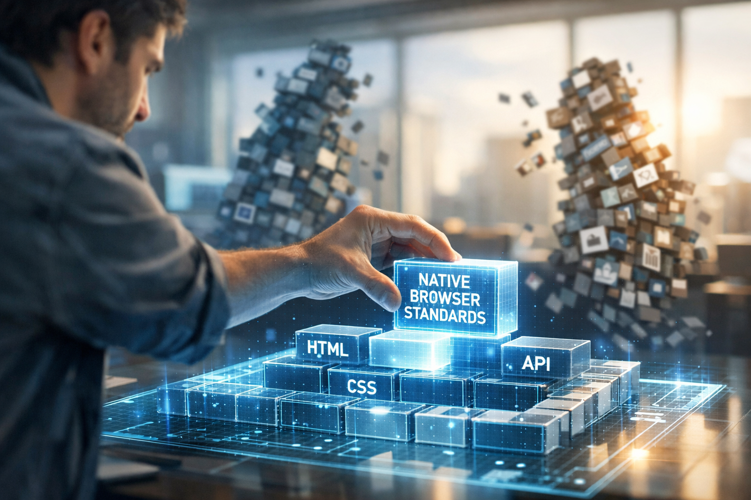 Ein Software-Architekt baut ein stabiles digitales Fundament aus nativen Browser-Standards, während im Hintergrund instabile Türme aus Abhängigkeiten wackeln.