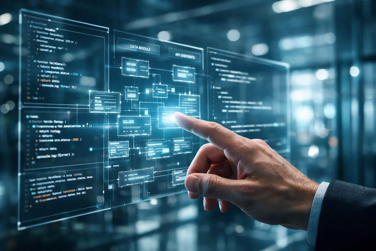 Ein Software-Architekt interagiert mit einer holografischen Darstellung moderner Web-Infrastruktur und Code-Blöcken.