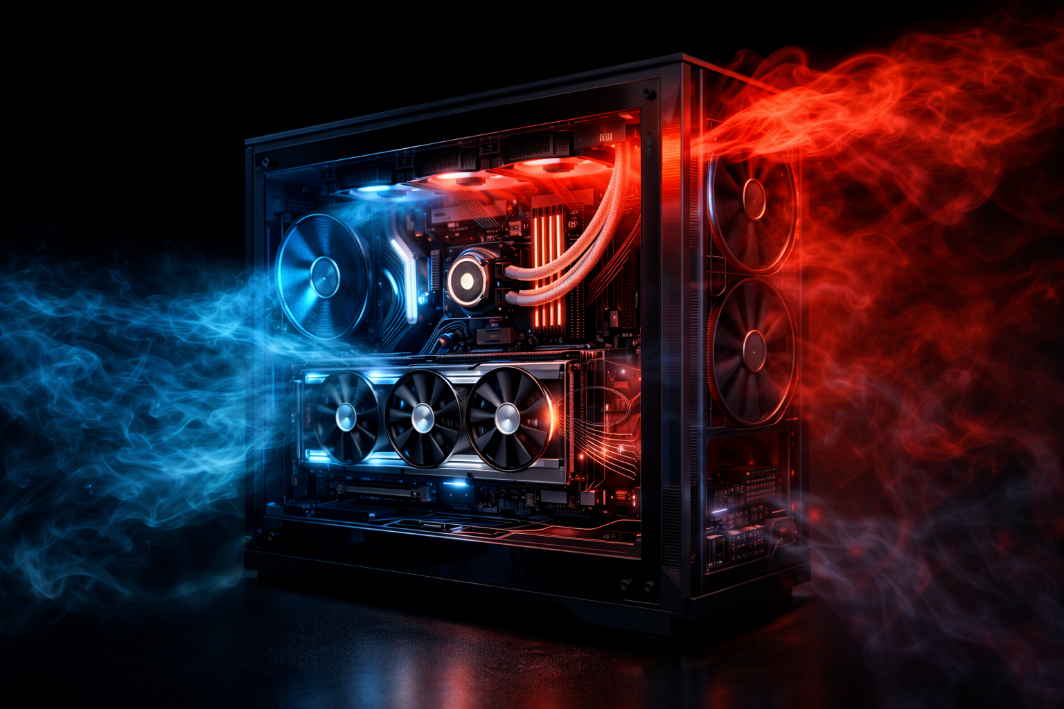 Ein offenes PC-Gehäuse, bei dem die Luftströme der Kühlung durch feinen, farbigen Nebel sichtbar gemacht werden, um die Hitzeableitung zu zeigen.