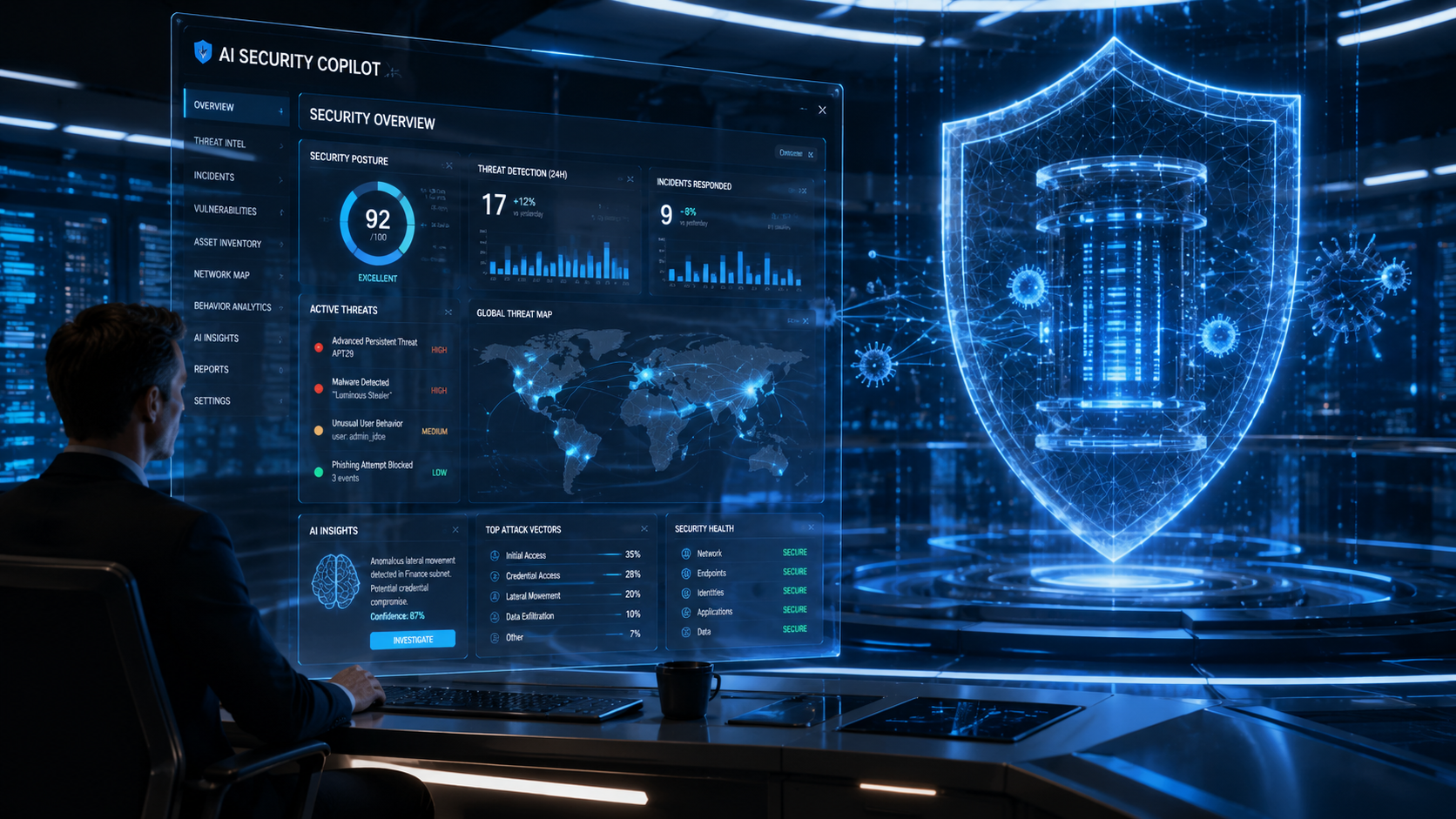 Der digitale Schutzschild: KI als Verteidiger Ein leuchtendes digitales Schutzschild und eine KI-Oberfläche symbolisieren die automatisierte Abwehr in einem modernen Cybersecurity-Center.