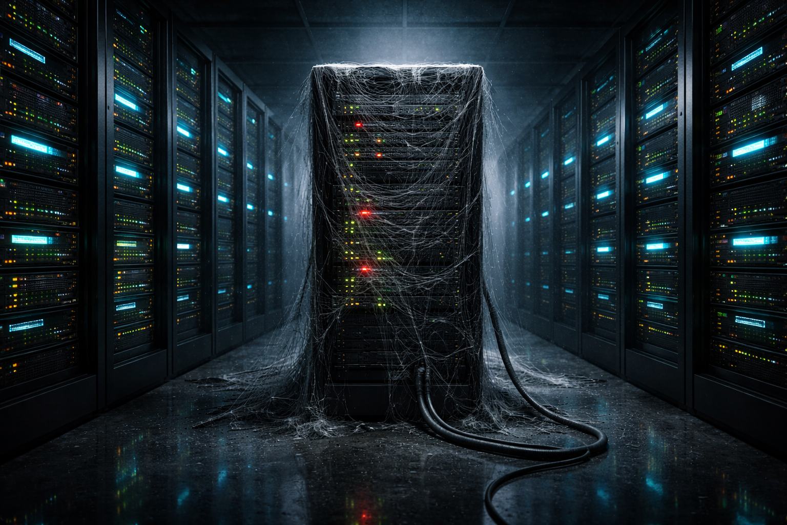 Ein einzelner, verstaubter und mit Spinnweben bedeckter Server in einem ansonsten hochmodernen Rechenzentrum, dessen Kontrollleuchten unheilvoll leuchten.